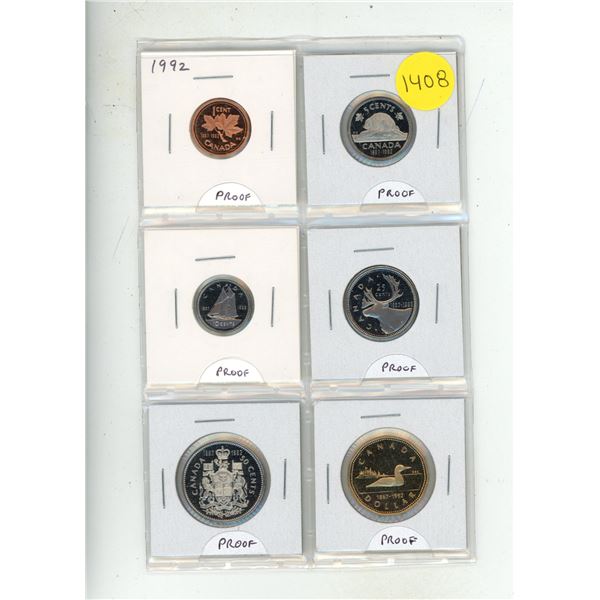 6-coin 1992 Proof Set from Cent to Loonie Dollar. All coins have Ultra Heavy Cameos.