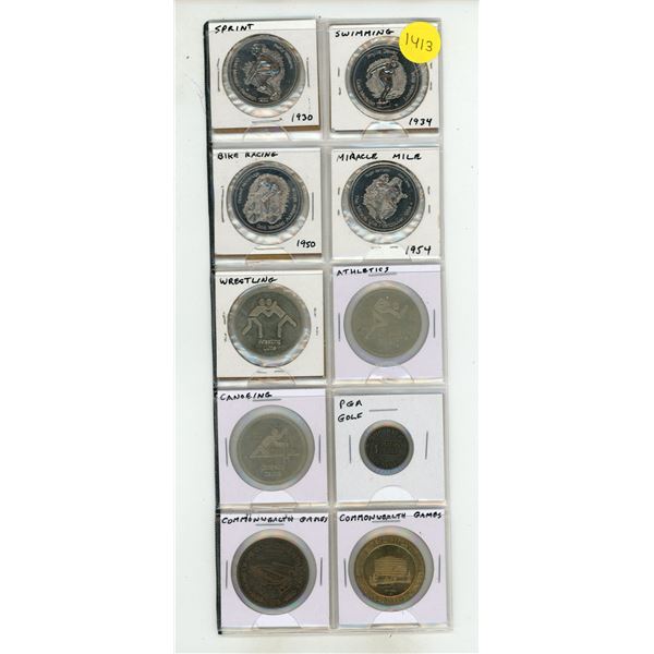 Lot of 10 Sports medals and trade dollars.