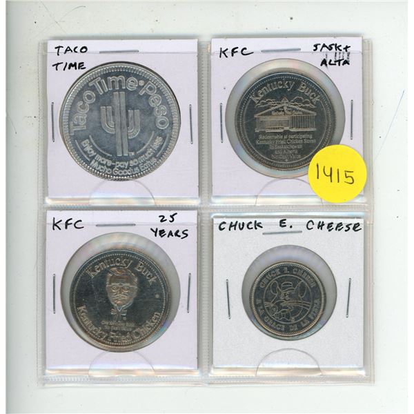 Set of 4 Fast Food Tokens including Taco Time, KFC, and Chuck E. Cheese.