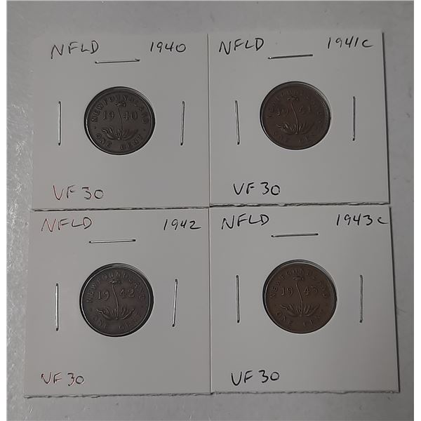 Set of 4 Newfoundland Small Cents 1940 – 1943c. Coins grade VF30.