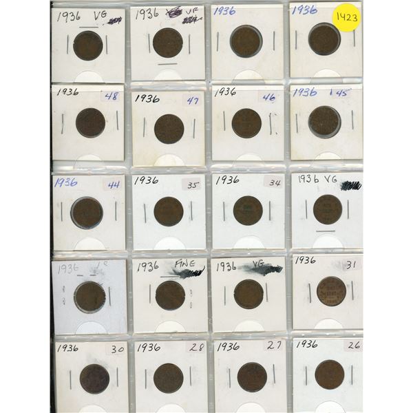 Set of 20 Canadian 1936 Small Cents. Last issue of King George V.