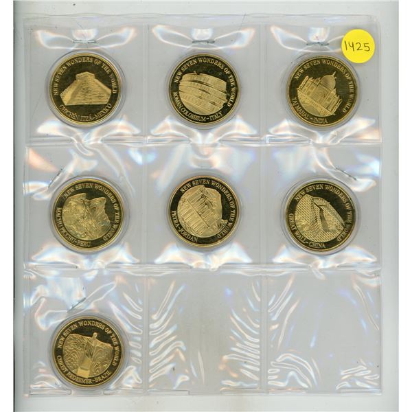 Set of 7 Wonders of the World medals. Kukulcan Pyramid, Roman Colosseum, Taj Mahal, Machu Pichu, Pet