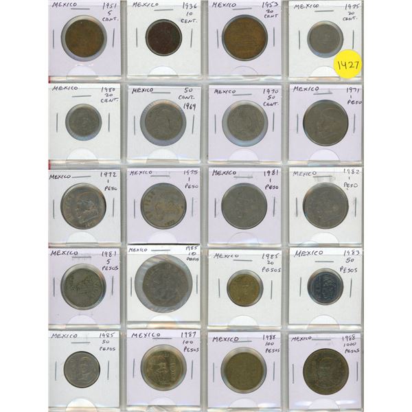 Set of 20 old Mexican coins up to 1000 pesos.