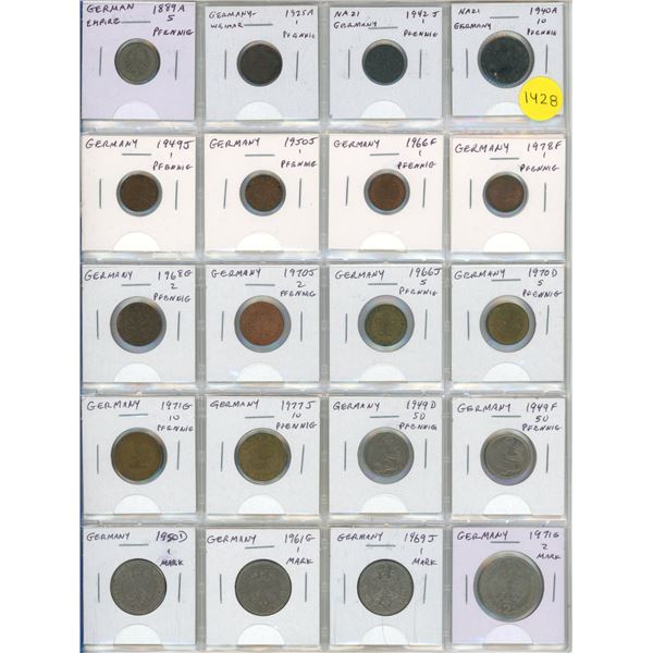 Set of 20 German coins including Empire, Weimar Republic, Nazi Third Reich and Republic.