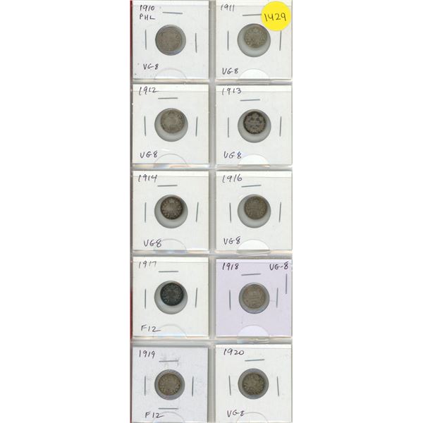 Set of 10 Canadian Silver 5 Cents from 1910 Pointed Holly Leaves to 1920. Coins grade VG8 to F12.