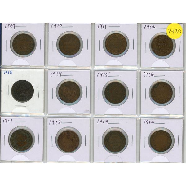 Complete Set of 12 Canadian Large Cents from 1909 to 1920.
