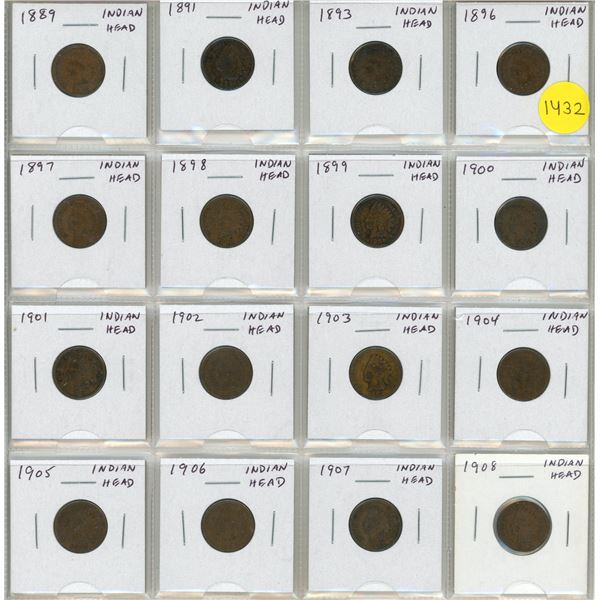 Set of 16 U.S. Indian Head Cents from 1889 to 1908.