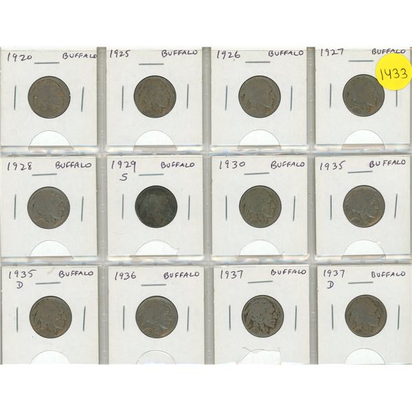 Set of 12 U.S. Buffalo Nickels from 1920 to 1937D.