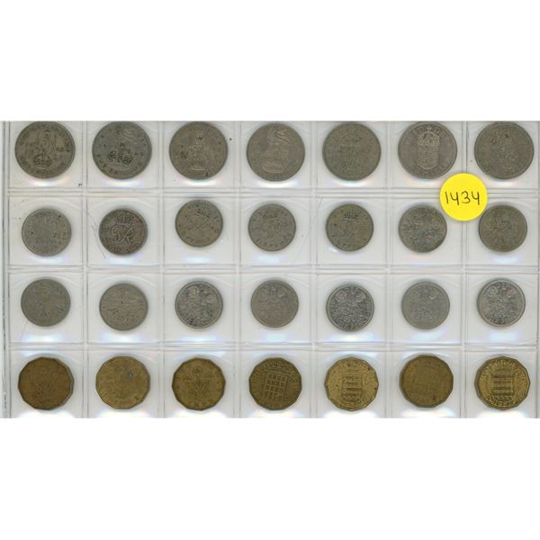 Set of 28 British coins including 3 Pence, 6 Pence and Shillings.
