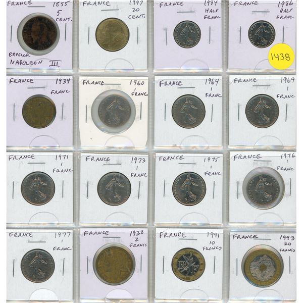 Set of 16 old French coins from 1855 Emperor Napoleon III 5 Centimes to 1993 20 Francs.