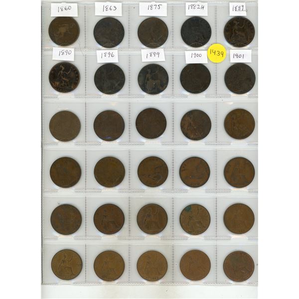Set of 30 old British Pennies from 1860 to 1967.