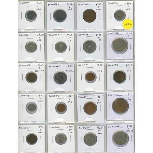 Set of 20 Scandinavian coins from Denmark, Finland, Norway and Sweden.