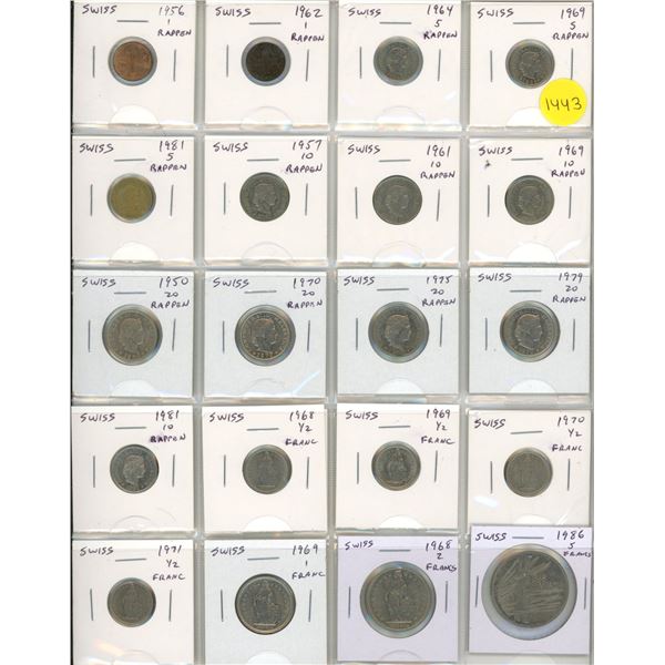 Set of 20 Swiss coins up to 5 Francs.