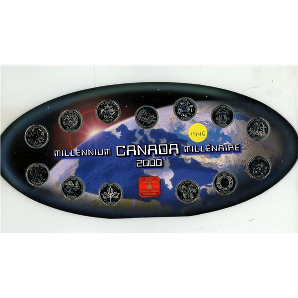 Complete set of 12 Canadian 2000 Millennium 25 Cents plus a RCM Millennium medal. Housed in its RCM 