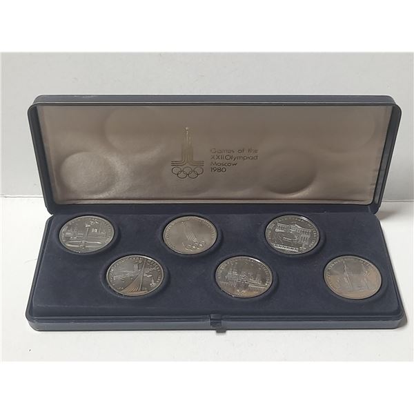 Set of 6 Russian 1980 Moscow Olympic Games 1 Ruble coins. Housed in its original case.