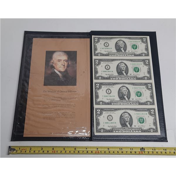 Uncut sheet of 4 U.S. 2003A $2 notes. All depict Thomas Jefferson. Housed in an album.