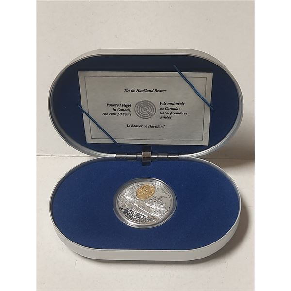 1991 Twenty dollar The de Havilland Beaver- One oz. 92.5 silver coin. 24KT gold covered cameo