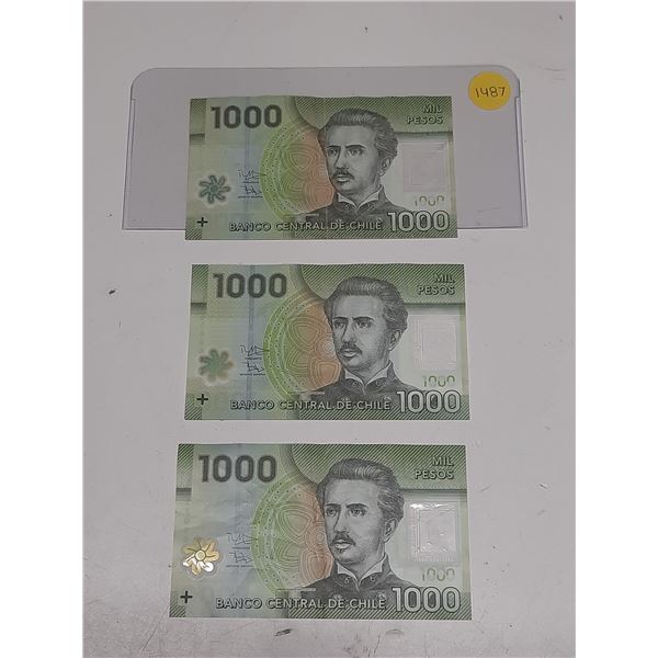 Three 2009-21 Banco Central De Chile 1000 Pesos bank notes