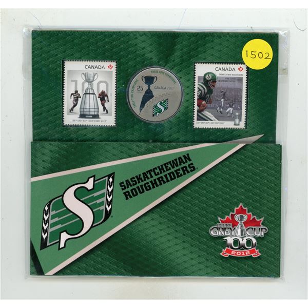 2012 Canada 25 Cent Saskatchewan Rough Riders coin and Stamp set