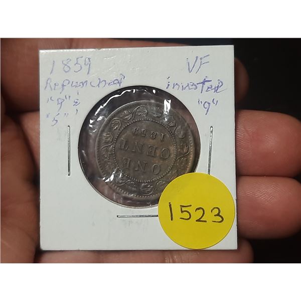 1859 VF Canadian Large Cents - Repunched/Inverted 9