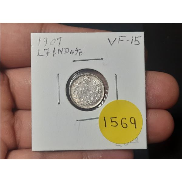 1907 VF-15 Canadian Silver Small Five Cents - L7 & N Date
