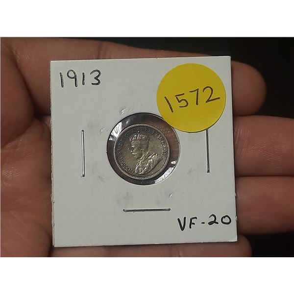 1913 VF-20 Canadian Silver Small Five Cents