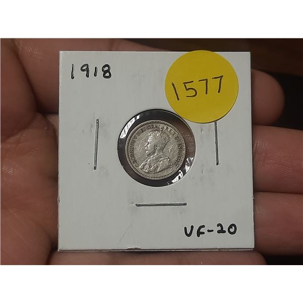 1918 VF-20 Canadian Silver Small Five Cents