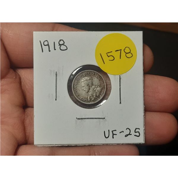 1918 VF-25 Canadian Silver Small Five Cents