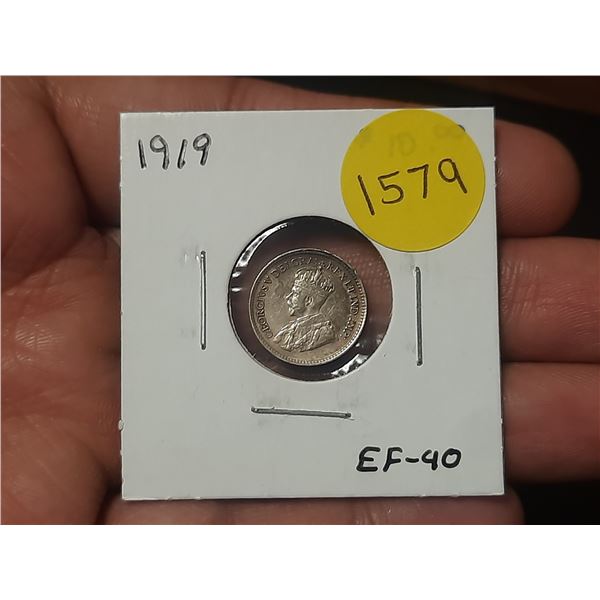 1919 EF-40 Canadian Silver Small Five Cents
