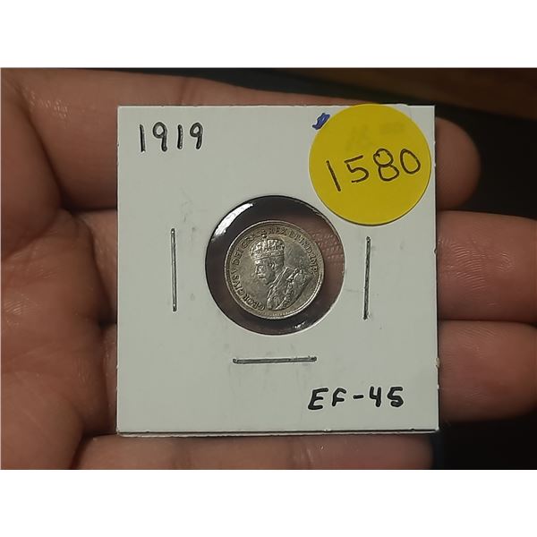 1919 EF-45 Canadian Silver Small Five Cents