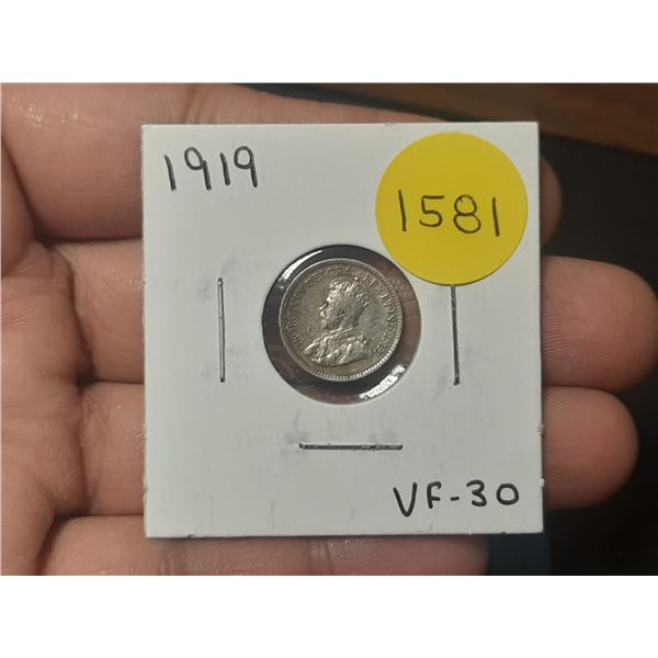 1919 VF-30 Canadian Silver Small Five Cents