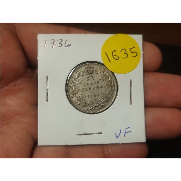 1936 Canadian Silver Twenty Five Cents