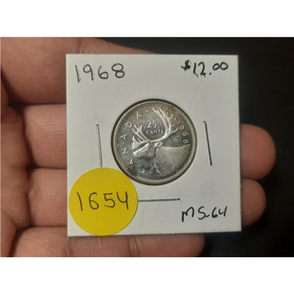 1968 MS-60 Canadian Silver Twenty Five Cents .500
