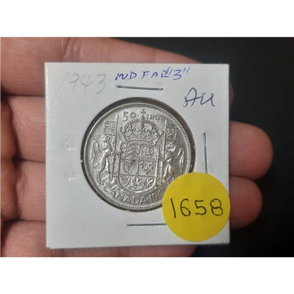 1943 AU Canadian Silver Fifty Cents - Wide Date, Far 3
