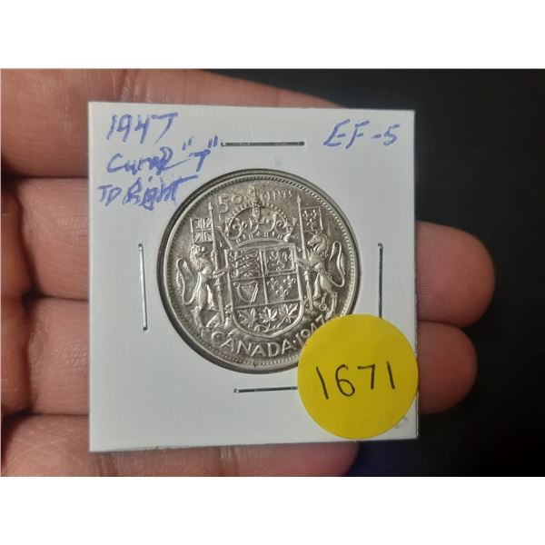 1947 EF Canadian Silver Fifty Cents - Curved 7 To Right