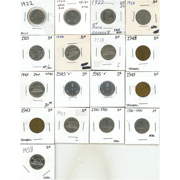 1922-1958 Canada Special 5 Cents Coins. (Total 17 Coins)