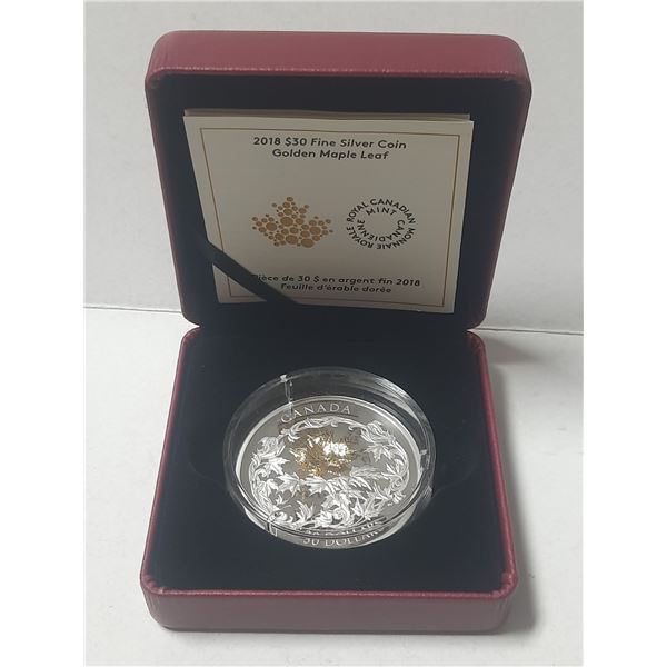 2018 Royal Canadian Mint $30 Fine Silver Coin featuring a Golden Maple Leaf Design. It is a limited 