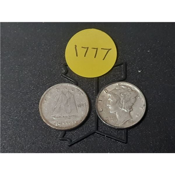 1944 Canda and U.S.A. Silver One Dime.