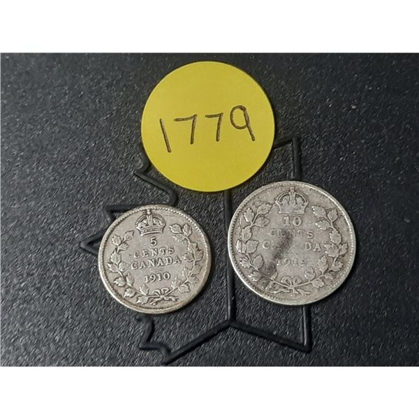1910 Canada Silver 5 Cents and 1919 Canada Silver 10 Cents.