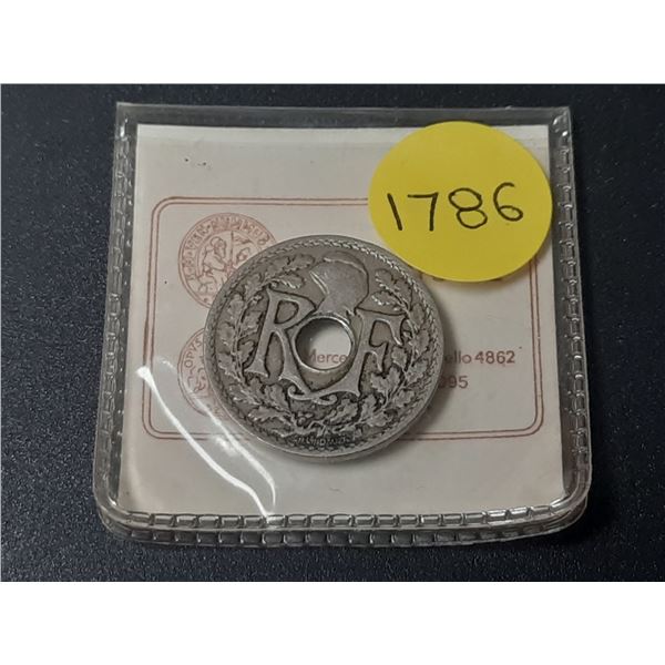 Vintage 1917 French 25 Centimes coin, known as the Lindauer type, featuring a central hole.