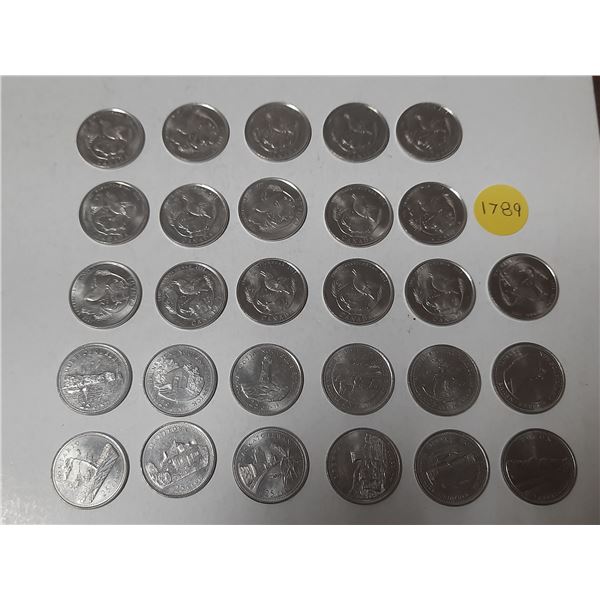 (12) 1992 Canada Provincial Quarters and (16) 2005 Saskatchewan Centennial 25-Cent Coins.