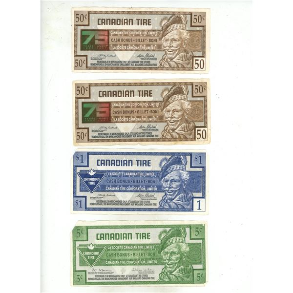 (2) Canadian Tire 50 Cents, (1) One Dollar, (3) Five Cents Paper Money.