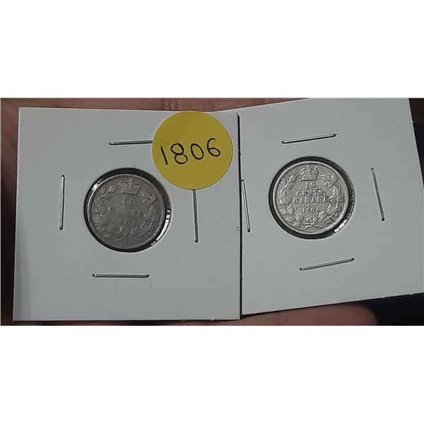 1901 and 1906 Canada Silver 10 Cents.