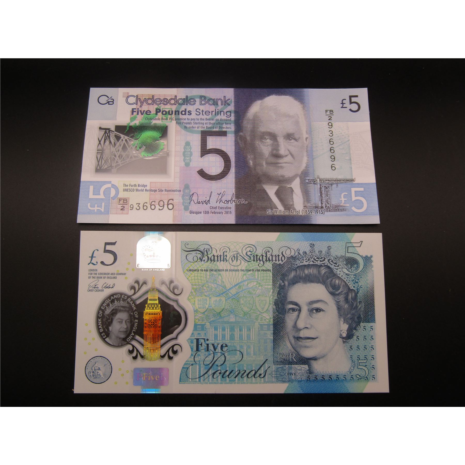 2 British 5 Pound Sterling Bank Notes with Holograms