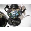 Image 9 : Beautiful Rare Tiffany Style Teapot Lamp, Working.  16.5” Tall. J.J. Peng Stamp on Shade.