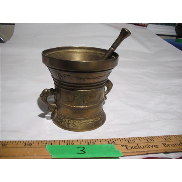 Antique Solid Brass Heavy Mortar and Pestle.  Engraved – 1611 Spes Mea In Deo Est (?)