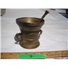 Image 1 : Antique Solid Brass Heavy Mortar and Pestle.  Engraved – 1611 Spes Mea In Deo Est (?)