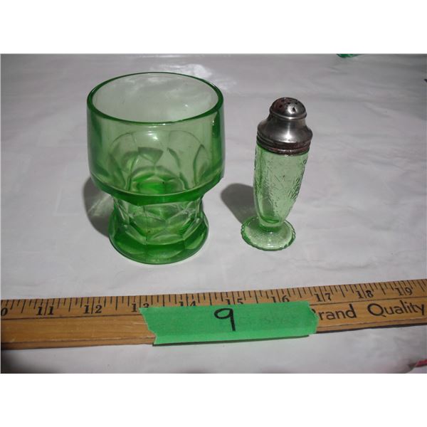 Vintage Uranium Glass Cup & Uranium Glass Salt Shaker