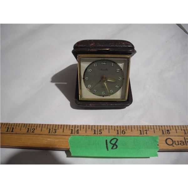 Vintage Mauthe 7-Jewel German Made Travel Clock (Working).  Genuine Leather Case. Hands & Numbers Gl