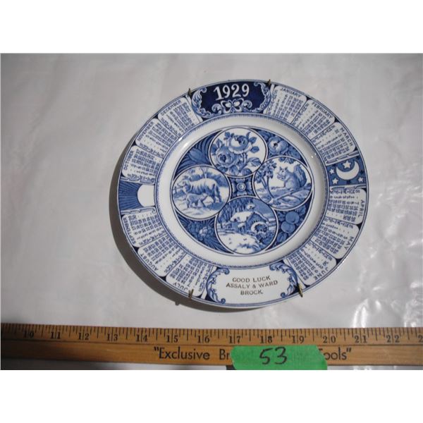 1929 Woods Burslem Calendar Plate, 9”. Brock (SK?)